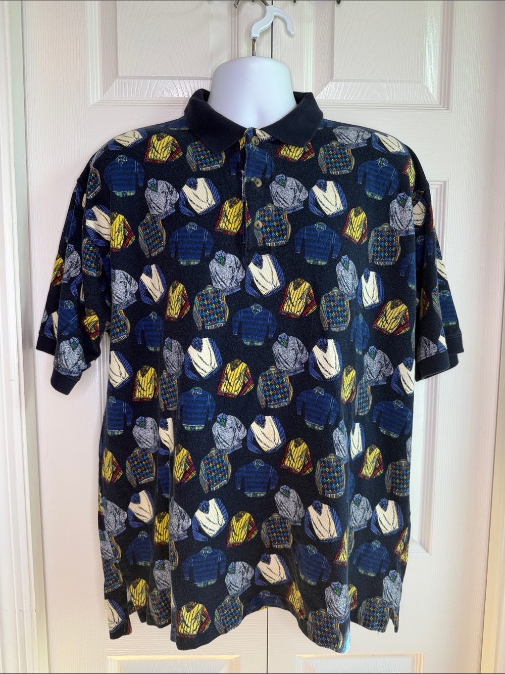 3 for $20 VINTAGE GANT Mens Grandpa Vest Patterned Golf Polo Shirt Navy Blue XL